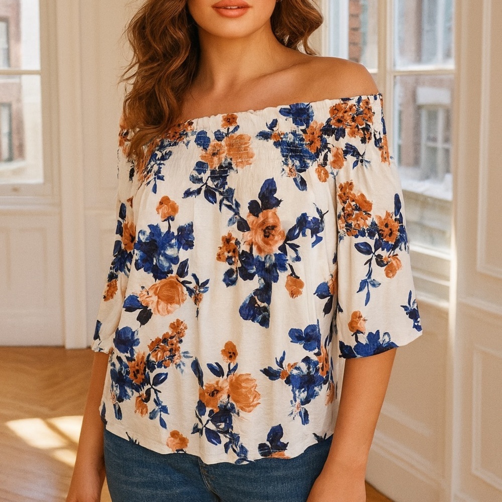Rewind Floral Elegant, Feminine & Effortlessly Chic Off-Shoulder Smocked Top